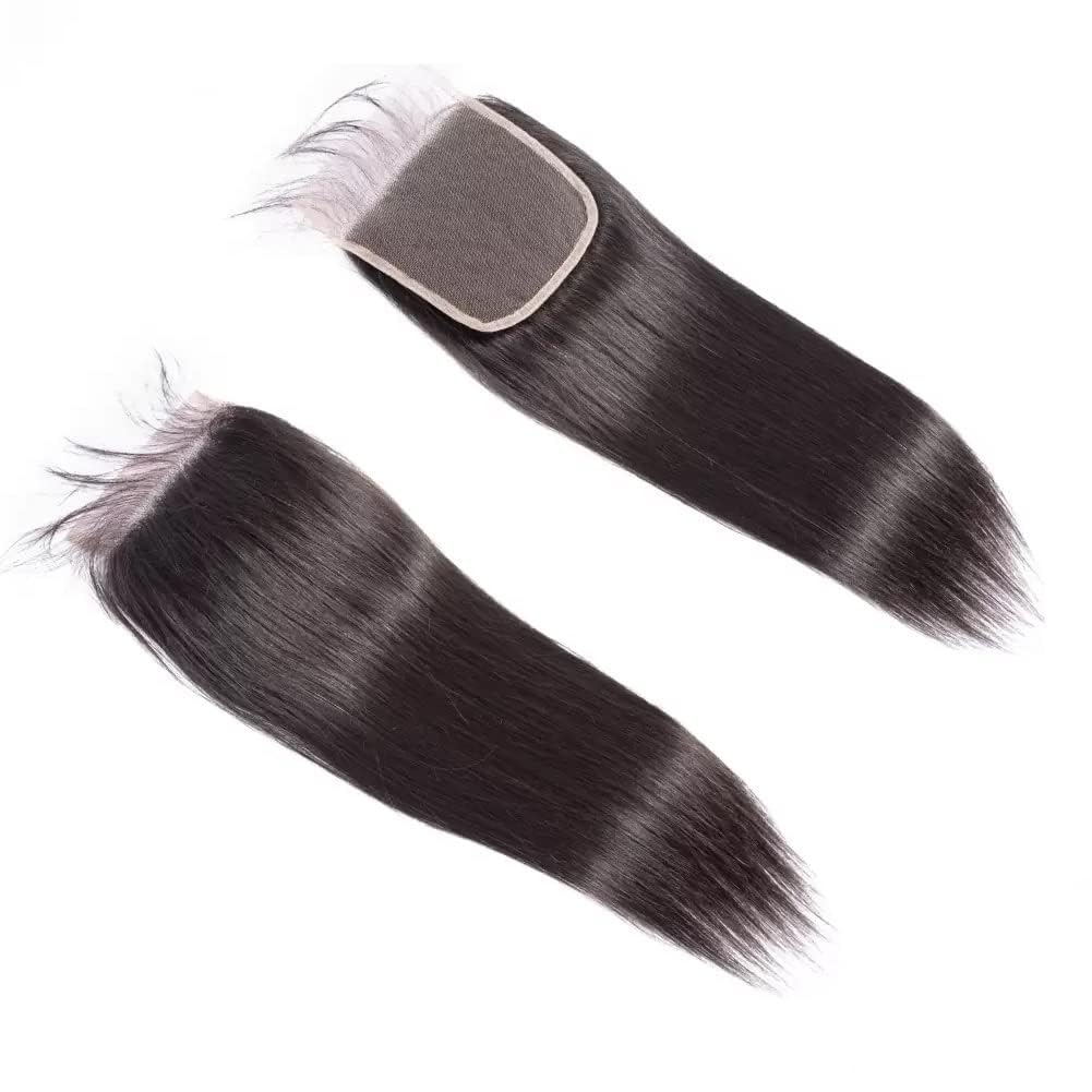 Straight Lace Closure Human Hair 4x4 Free Part Lace Closure 100% Unprocessed Brazilian Virgin Human Hair Extensions 150% Density 12 Inch Lace Closure Pre Plucked Natural Black
