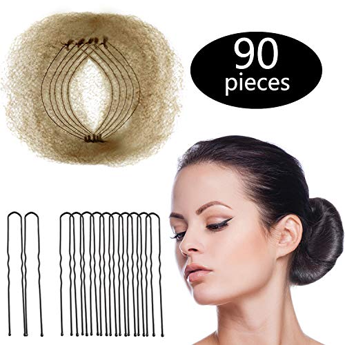 Zonon Bun Hair Nets Invisible Elastic Edge Mesh and U Shaped Pins Set, 50Pcs Individual Package Invisible Hair Nets, 40Pcs U Shaped Pins for Ballet Bun, Sleeping, Women and Wig (Light Linen)