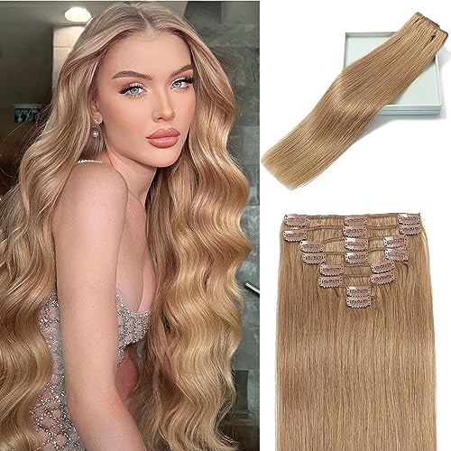 LORIEN Clip in Hair Extensions Real Human Hair, 18 Inch 100g, #27 Honey Blonde, Clip in 100% Brazilian Remy Human Hair Extensions 8pcs Per Set with 18 Clips Double Weft