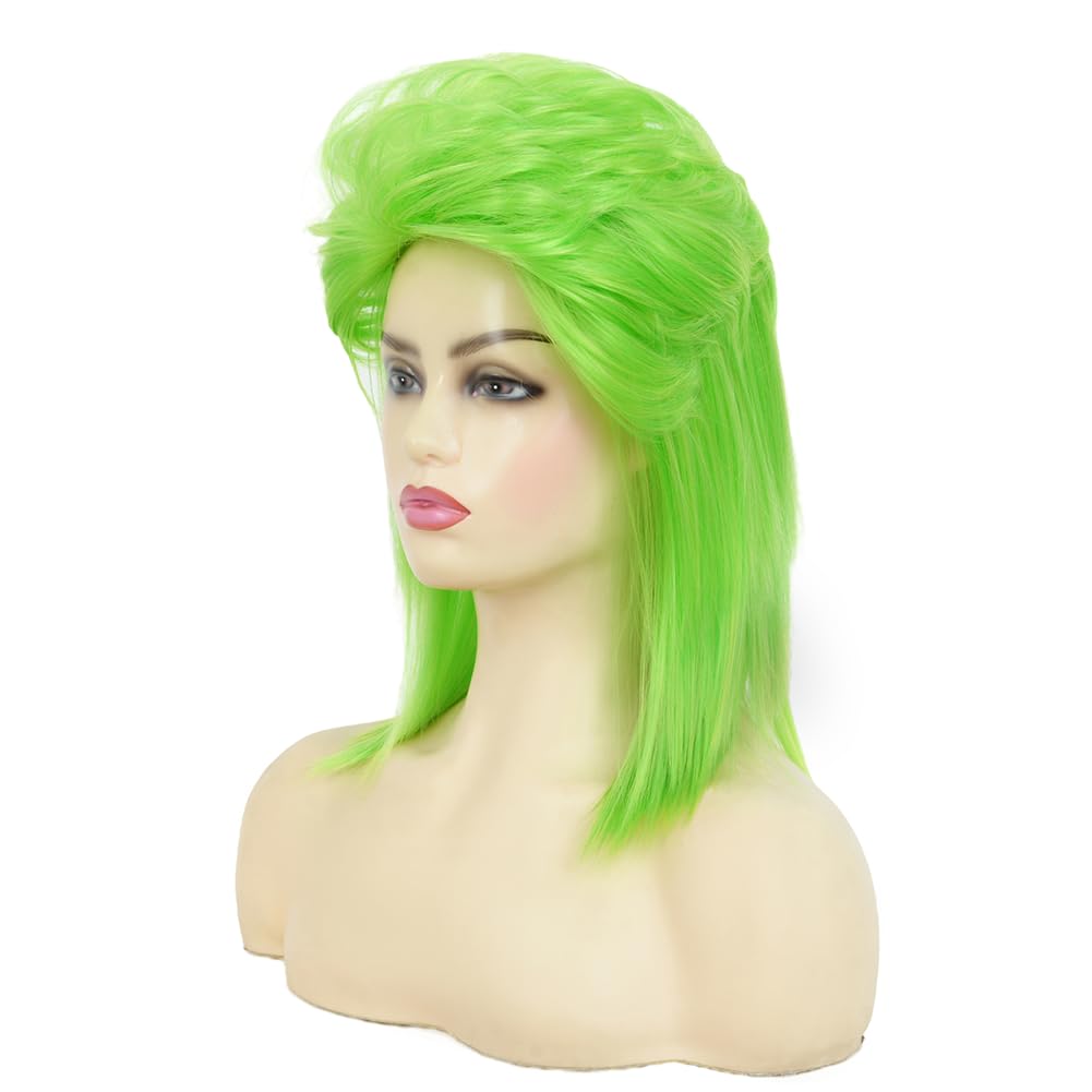 Swiking Lime Green Mullet Wigs for Women 80s Hair Natural Layered Shoulder Length Straight Rocker Cosplay Costume Wigs