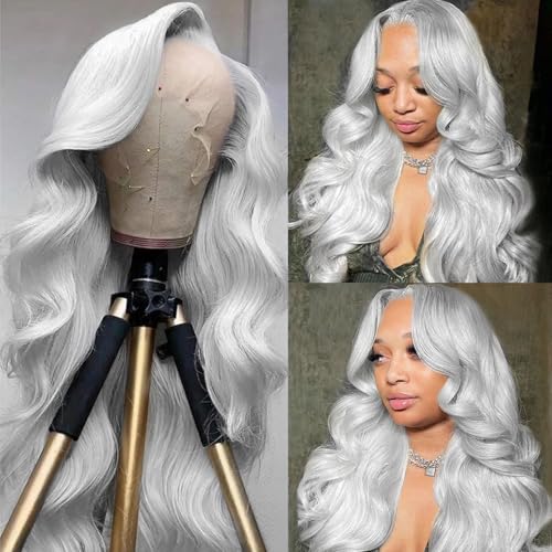 Munx Lace Front Wig Human Hair 180% Density Silver Grey Body Wave Lace Front Wigs Pre Plucked HD Transparent Colored Lace Front Wigs 100% Real Human Hair 24 Inch