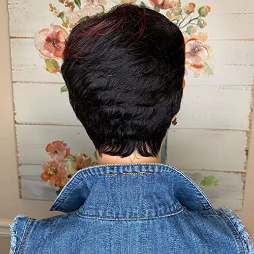 SAEIALL Short Pixie Cut Wig Human Hair for Black Women Colored Haircut Wigs None Lace Frontal Wigs Glueless Easy to Wear Put On and Go Wig (Black with Burgundy)