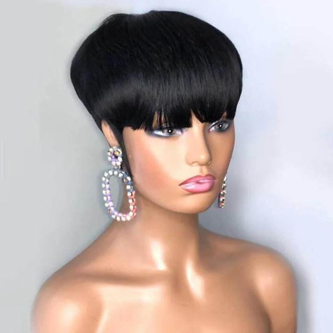 PurpleSexy Pixie Cut Wigs for Black Women Natural 1B Color Daily Use Short Layered Pixie Cut Human Hair Wigs With Bangs for Women Glueless Brazilian Virgin Human Hair Cool Wig