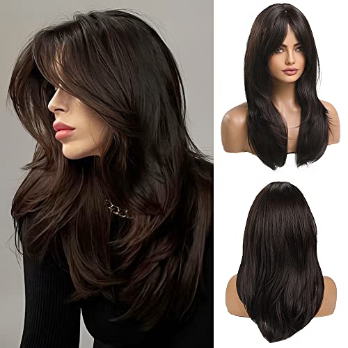 OUFEI 20 Inches Long Straight Dark Brown Layered Synthetic Hair Wigs with Bangs for Women Daily Party Use…
