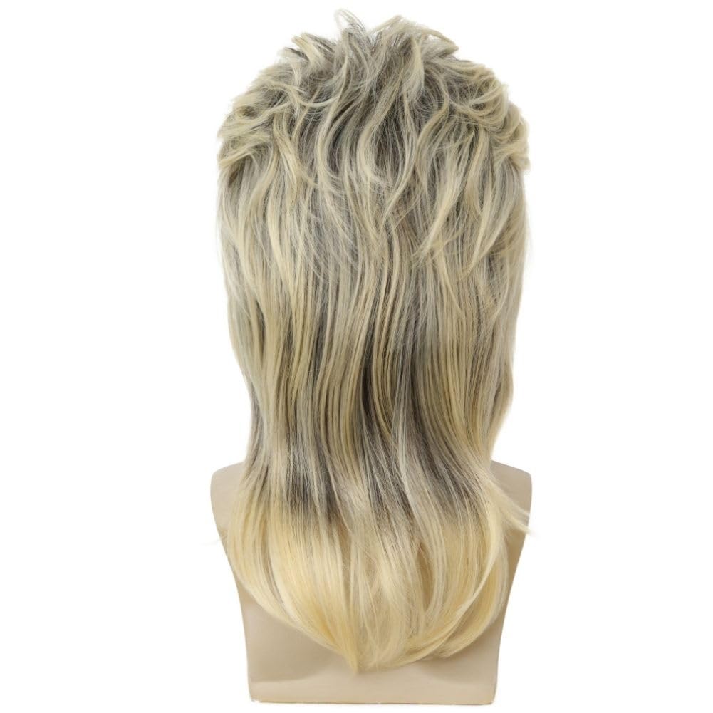 Swiking Mens Mullet Wig Blonde and Dark Foot Retro 70s 80s Disco Rocker Curly Punk Fancy Party Halloween Cosplay Costume Full Wigs (Black and Blonde)