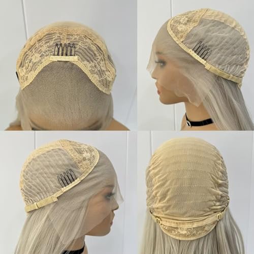RONGDUOYI Platinum Blonde Wigs for women Long Wavy Blonde Synthetic Lace Front Wig with Glueless Natural Hairline Layered Long Blonde Hair Replacement Wigs for Daily Party Cosplay 18Inches