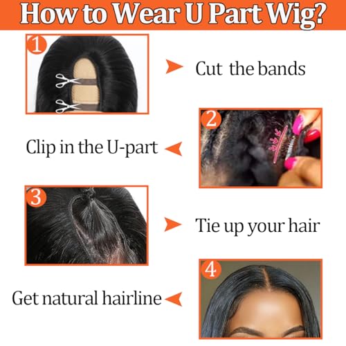 Amella Hair U Part Wig Human Hair Straight Bob Wigs For Black Women 10inch Brazilian Remy Hair Short Bob Human Hair Wigs Clip in U Part Wig Human Hair Extensions Natural Black Color