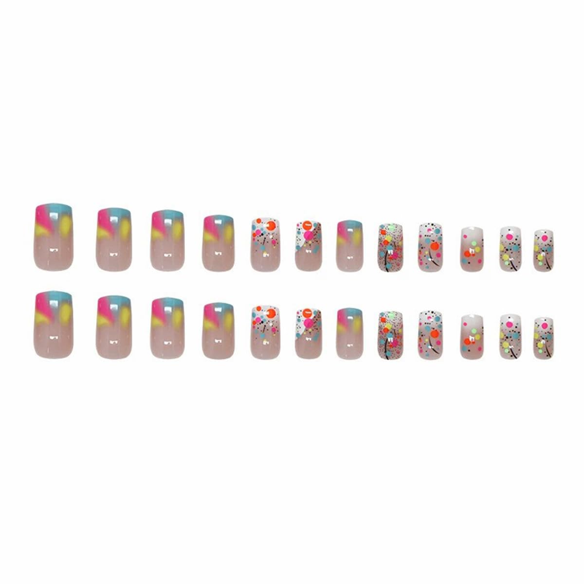 Medium Press on Nails Square Shape Fake Nails with Rainbow Dot Designs Ombre Nails Sweet Summer Glue on Nails Glossy Gradient Acrylic Nails Full Cover Reusable Stylish Stick on Nails for Women 24PCS
