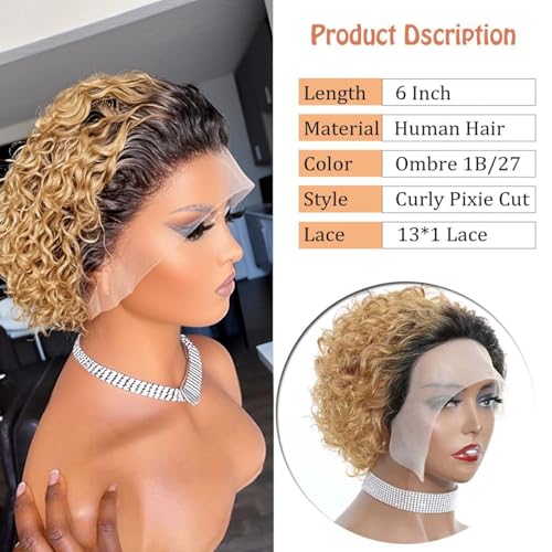 INSTASTYLE Ombre Blonde Pixie Cut Lace Front Wigs 6 inch Human Hair 13X1 Pixie Cut Short Curly Wigs HD Lace Front Wigs Plucked Pixie Curly Wigs for Black Women (6 Inch, 1B/27#)