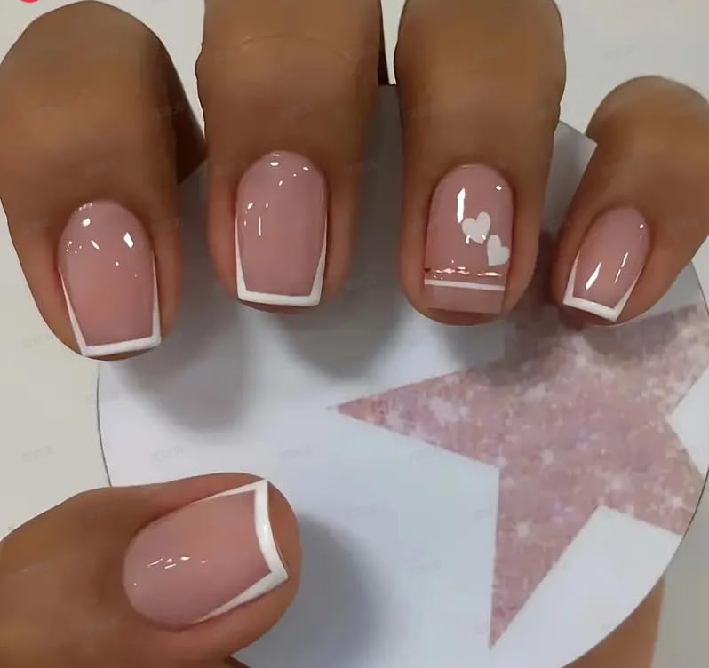 Curvlife Press on Nails Acrylic Fake Nails with Design Full Cover False Nails Reusable Nail Kit with Nail Glue Adhesive Tabs Nail File Artificial Glue on Nails (French Flat Edge, 32pcs)