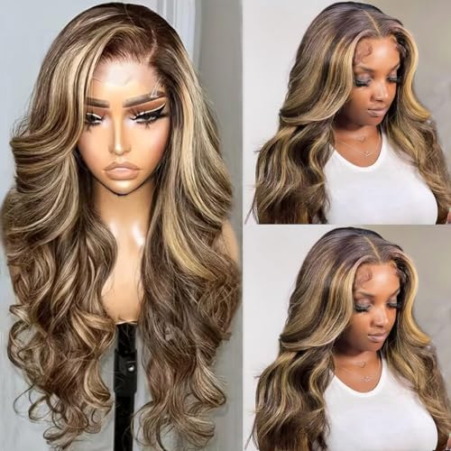 Munx Highlight Ombre Lace Front Wigs Human Hair Pre Plucked with Baby Hair 13x4 Body Wave Frontal Wigs Human Hair 180% Density 4/27 Colored Honey Blonde Human Hair Wig for Women Long 34inch