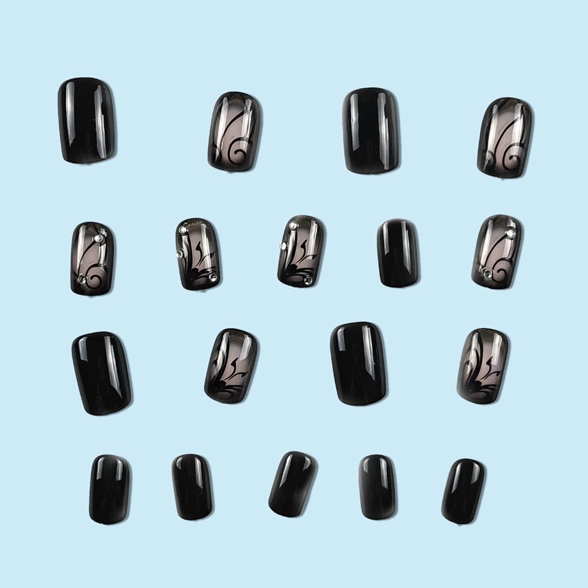 Black Press on Nails Short Square Fake Nails with Designs Black Vine Acrylic False Nail Kits Glossy Full Cover Spring Winter Glue on Nails with Rhinestone Artificial Stick on Nail for Women 24PCS