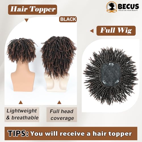 BECUS Dreadlock Hair Topper for Men Afro Synthetic Toupee with Bangs Short Braided Dreads Lock Wiggy Topper for Daily Wear Cosplay Halloween Party (Brown)