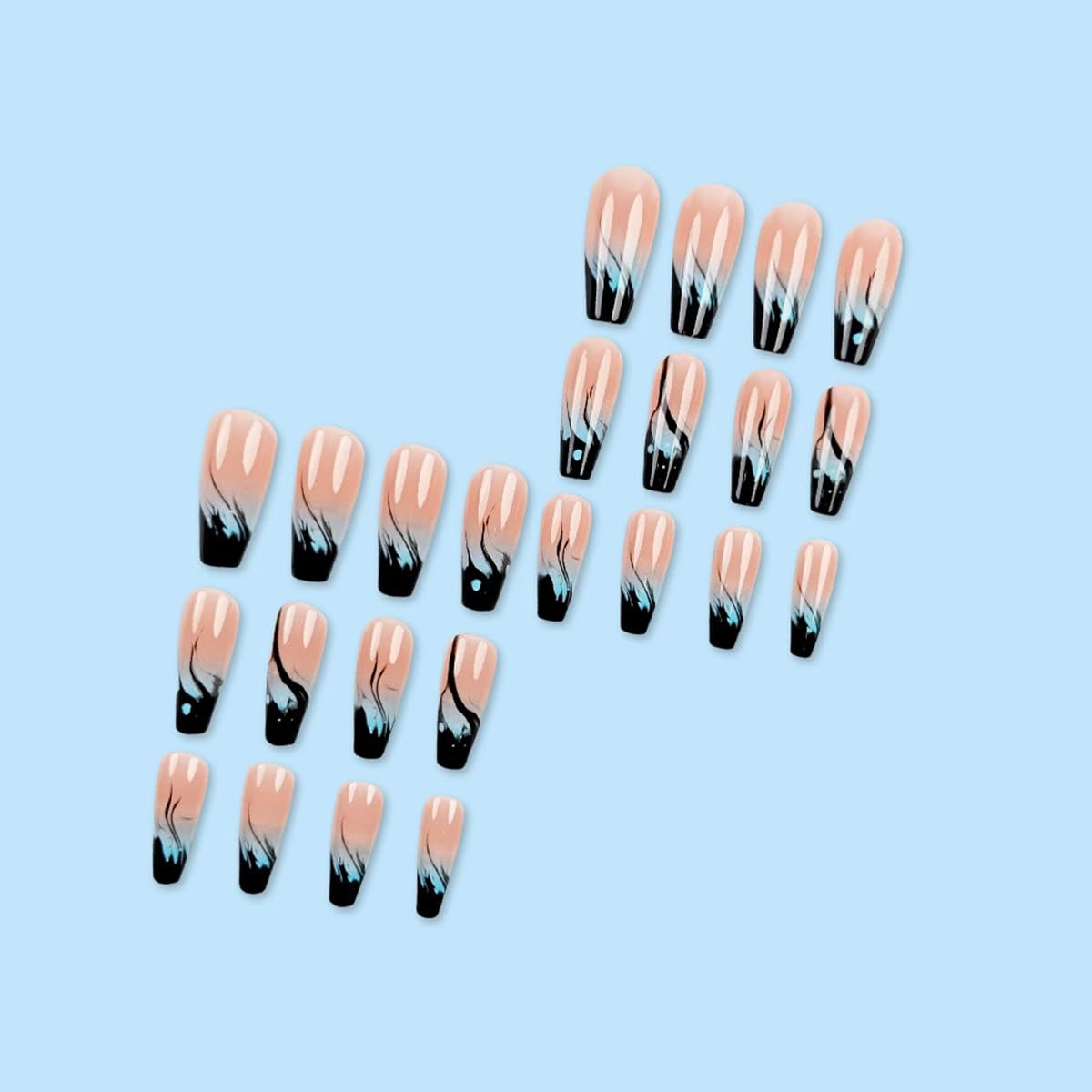 juggssa Press on Nails Long Glossy Blue Ombre Flame Acrylic Nails 24pcs Set with Glue Stick on Nails for Women Spring Summer Manicure Nail Art