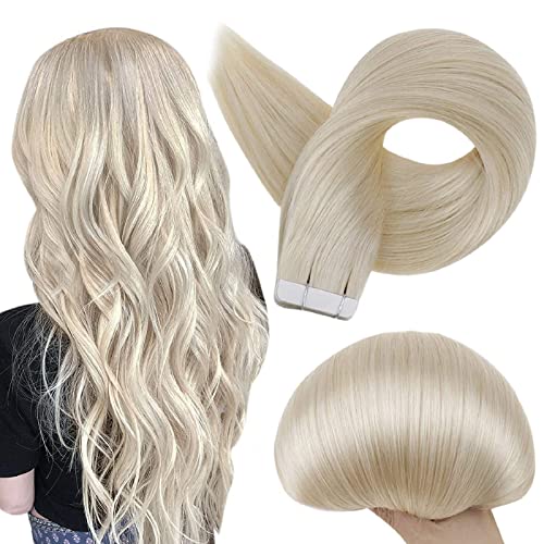 Full Shine Fashion Tape Hair Extensions Real Remy Human Couture Short 12 Inch Color 60 Platinum Blonde in Remy 20 Pieces 30G Thick Ends Piece for Invisible Seamless Human Hair Extensions