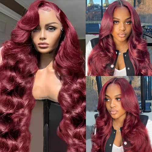 Munx Lace Front Wigs Human Hair 26 Inch 13x4 Body Wave Lace Front Wigs 99J Burgundy Pre Plucked 180 Density HD Transparent Wine Red Colored Wigs Human Hair for Black Women with Baby Hair