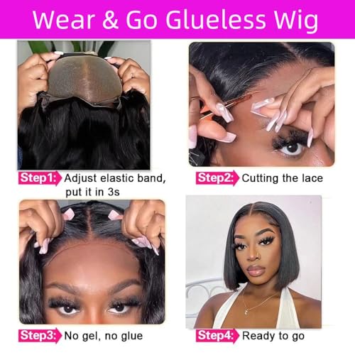 Wear and Go Glueless Bob Wigs Human Hair Straight Bob Wigs Human Hair Pre Plucked Pre Cut 4x4 HD Lace Front Glueless Wigs Human Hair 180% Density Short Straight Bob Wigs for Black Women (10 Inch)