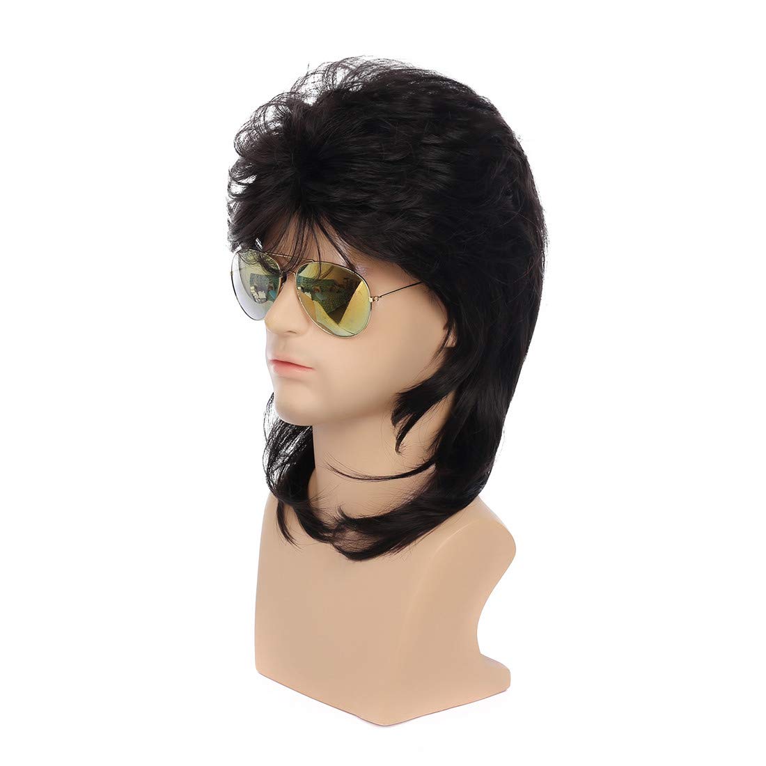 Swiking Mullet Wigs for Men Black Retro 70s 80s Disco Rocker Curly Punk Fancy Party Halloween Cosplay Costume Replacement Full Wigs(Black)