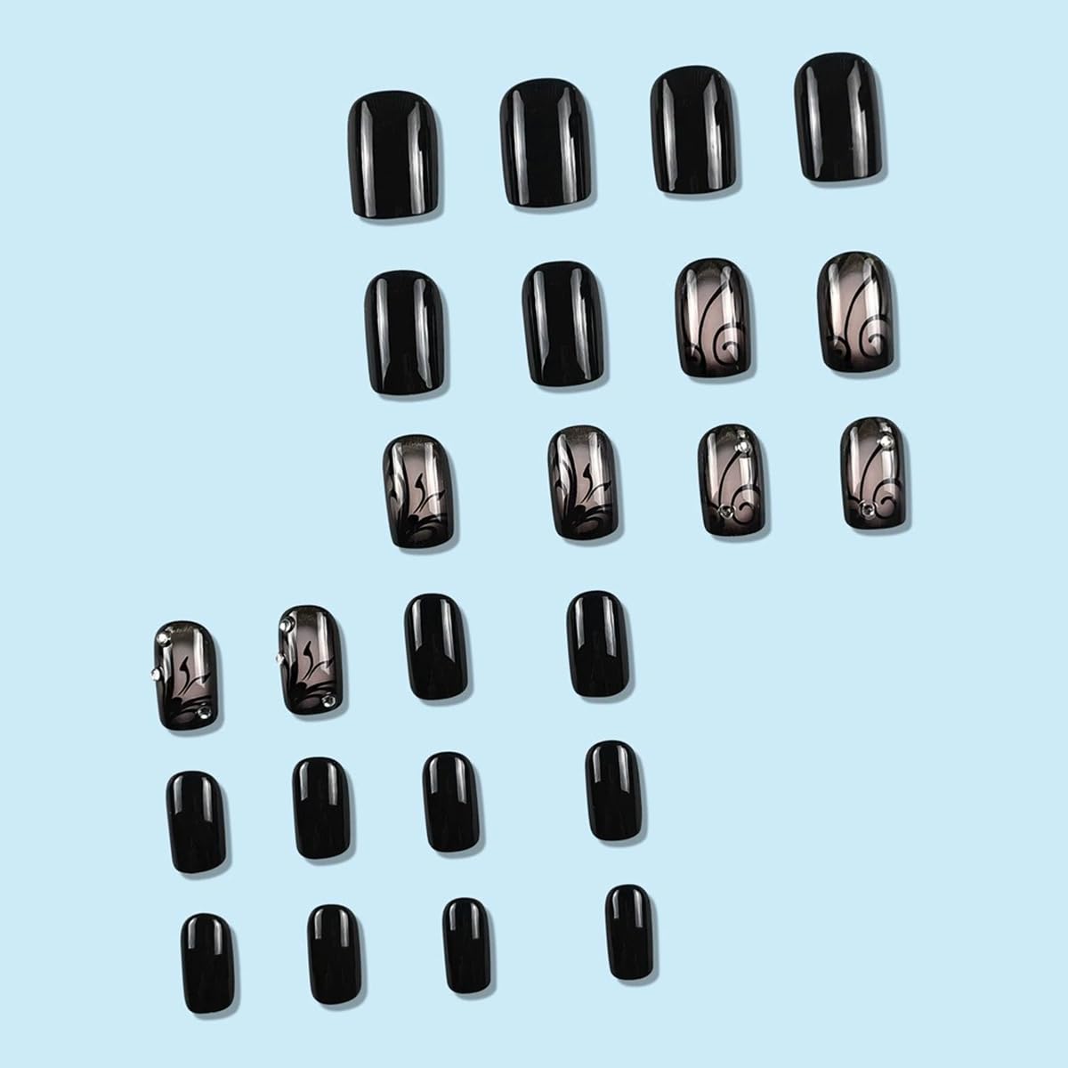 Black Press on Nails Short Square Fake Nails with Designs Black Vine Acrylic False Nail Kits Glossy Full Cover Spring Winter Glue on Nails with Rhinestone Artificial Stick on Nail for Women 24PCS