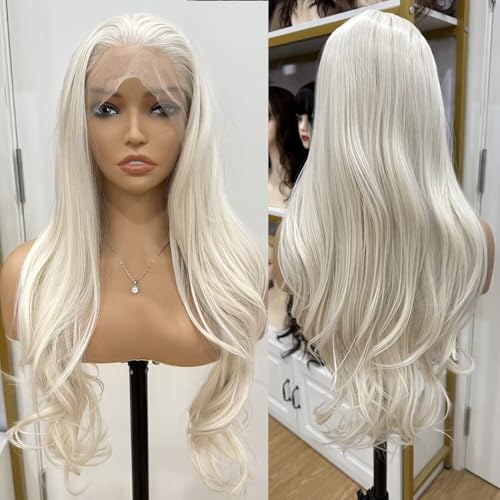 RONGDUOYI Platinum Blonde Wigs for women Long Wavy Blonde Synthetic Lace Front Wig with Glueless Natural Hairline Layered Long Blonde Hair Replacement Wigs for Daily Party Cosplay 18Inches