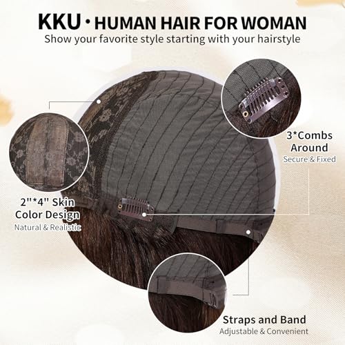 KKU 12 Inch Ombre Brown Wigs Human Hair for Women, Remy Human Hair Wigs, Human Hair Wigs with Bangs