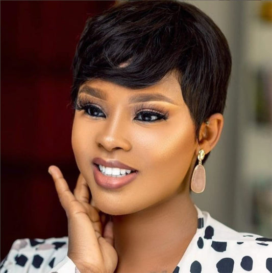 Amecire Pixie Cut Wig for Black Women Short Human Hair Wigs None Lace Front Wig Short Layered Wigs with Bangs for Daily Wear Natural Color