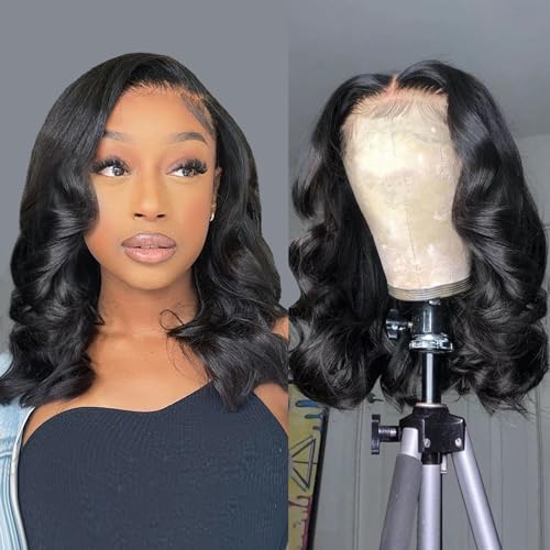 Douyin Bob Wig Human Hair 13x4 Frontal Lace Wig 14 Inch Body Wave 180% Density HD Lace Front Wigs Human Hair Pre Plucked Glueless Bob Wigs for Women Human Hair Wigs (14 inch, Natural Black)