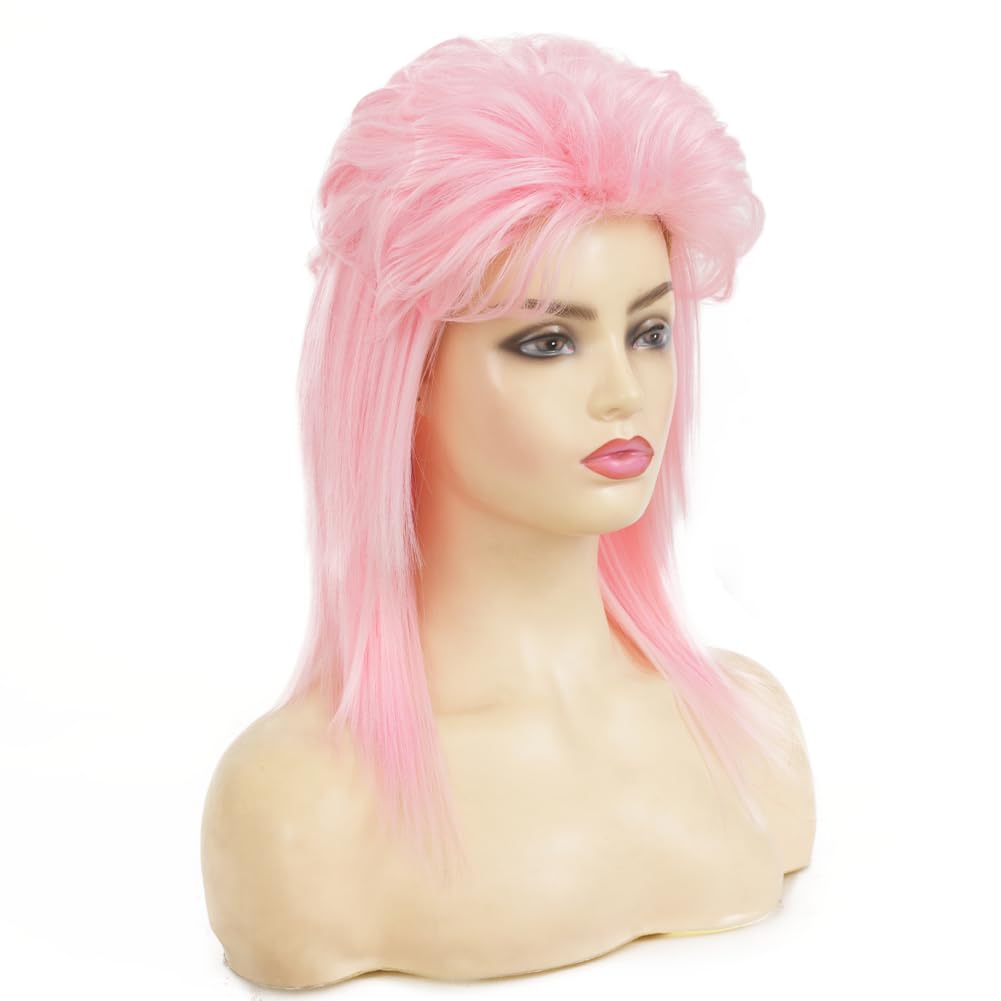 Swiking Pink Mullet Wigs for Women 70s 80s Rocker Shoulder Length Hair Shaggy Layered Fluffy Wig Cosplay Halloween Costume Replacement Wigs(Pink