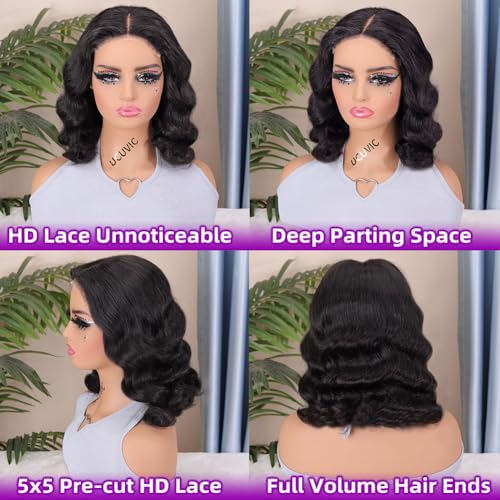 UCUVIC Wear And Go Glueless Wigs Human Hair Pre Plucked Pre Cut Curly 5x5 Body Wave Bob Wig Human Hair Lace Front Closure Wigs For Black Women 200 Density Curly Wig Glueless Wear And Go Black 12 Inch