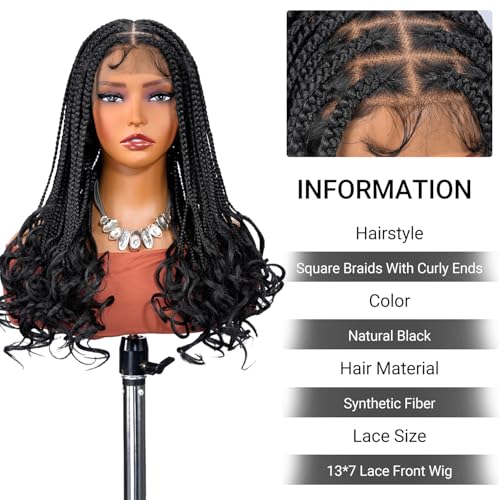 SUPERNOVA Knotless Braided Wigs With Curly End Synthetic Hair 13x7 Lace Front Box Braids Wig For Black Women Half Back Double Lace Square Braided Wig With Baby Hair 18 Inch
