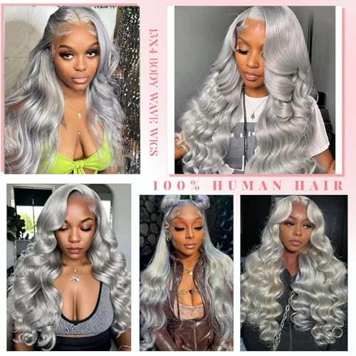 Munx Grey Lace Front Wigs Human Hair, Body Wave 13x6 Lace Front Wigs Human Hair, Pre-Bleached Invisible Knots Glueless Frontal Wig for Women 180% Density Natural Hairline with Baby Hair 26inch