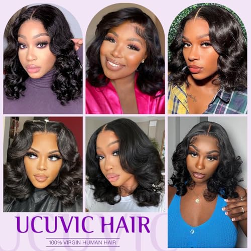 UCUVIC Glueless Wigs Human Hair Pre Plucked Pre Cut Wear And Go Curly 5x5 Body Wave Bob Wig Human Hair Lace Front Closure Wigs For Black Women 200 Density Curly Wig Glueless Wear And Go Black 14 Inch