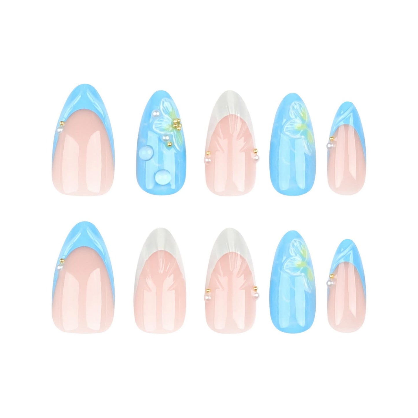 24 Pcs Blue Almond Press on Nails Medium Length Fake Nails 3D Flower and Water Ripple Design Artificial Acrylic Nails Press ons Cute French Tip False Nails Summer Glue-Free Nails for Women