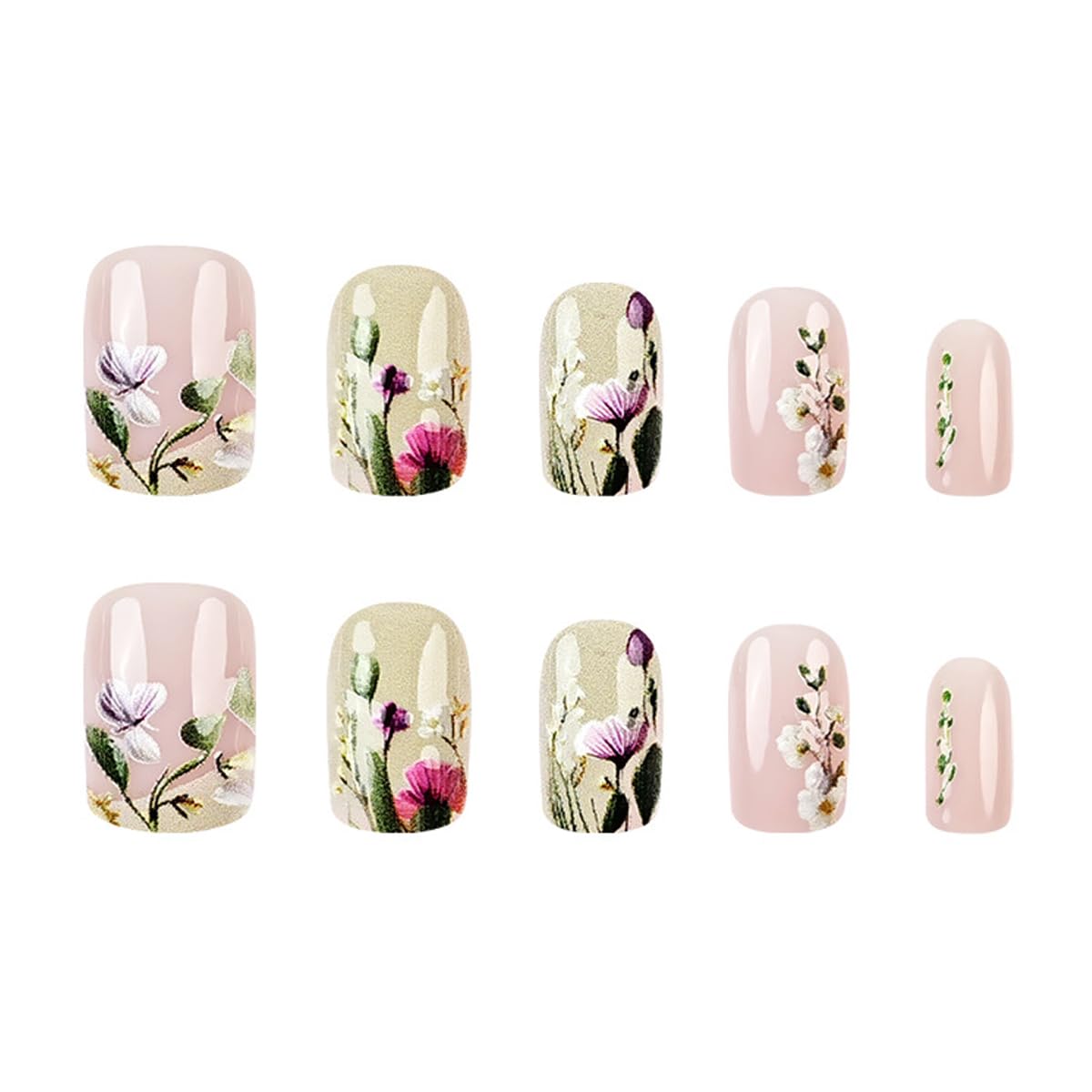 Spring Flower Press on Nails Short Square Fake Nails Glossy Pink Acrylic Nails Press on False Nails with Floral Designs Spring Summer Glue on Nails Short Stick on Nails for Women Nail Art Decor 24PCS