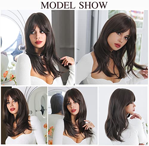 OUFEI 20 Inches Long Straight Dark Brown Layered Synthetic Hair Wigs with Bangs for Women Daily Party Use…