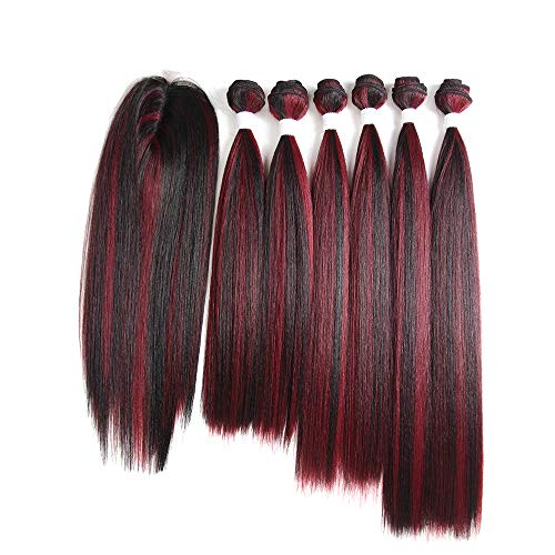 X-TRESS Ombre Burgundy Color Straight Synthetic Bundles with Free Part Closure Hand Tied Balayage Weft Weave Soft Swiss Lace Hair Extension Heat Resistant