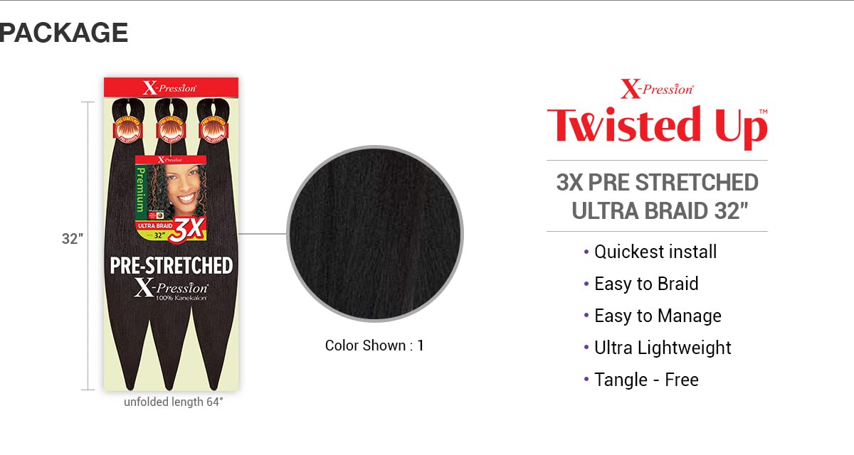Sun Taiyang Outre Synthetic Pre Stretched ULTRA BRAID - XPRESSION 3X 32'' (Color:1B Off Black)