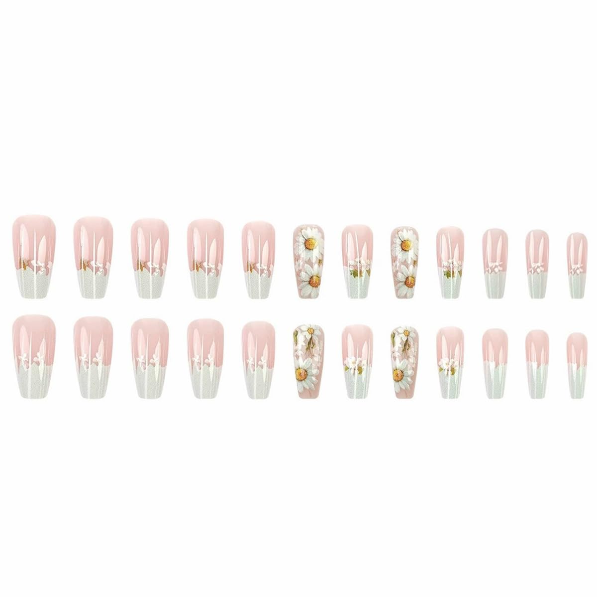 Flower Press on Nails Long White French Tip Nails Coffin Fake Nails with Daisy Designs Glossy Pink Acrylic Ballet Nails Full Cover Summer Flower Nails Glue on Nails Stick on Nails for Women 24PCS