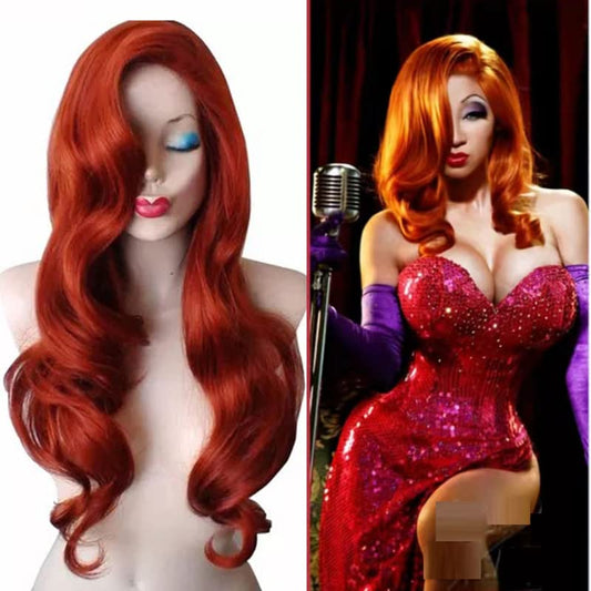 KKbeauty 28” Jessica Rabbit Long Wavy Copper Red Cosplay Wig Spiral Curly Anime Heat Resistant Hair for Women