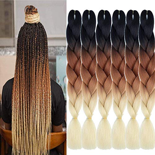 SHUOHAN 6 Packs Ombre Jumbo Braiding Hair Extensions 24 Inch High Temperature Synthetic Fiber Hair Extensions for Box Braids Braiding Hair (Black to Brown to Beige)