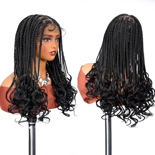 SUPERNOVA Knotless Braided Wigs With Curly End Synthetic Hair 13x7 Lace Front Box Braids Wig For Black Women Half Back Double Lace Square Braided Wig With Baby Hair 18 Inch