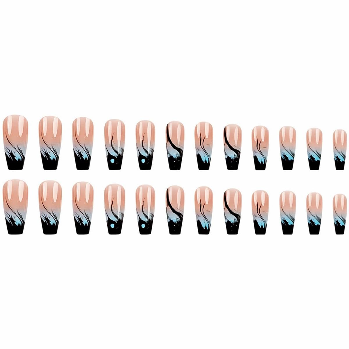 juggssa Press on Nails Long Glossy Blue Ombre Flame Acrylic Nails 24pcs Set with Glue Stick on Nails for Women Spring Summer Manicure Nail Art