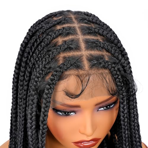 SUPERNOVA Knotless Braided Wigs With Curly End Synthetic Hair 13x7 Lace Front Box Braids Wig For Black Women Half Back Double Lace Square Braided Wig With Baby Hair 18 Inch