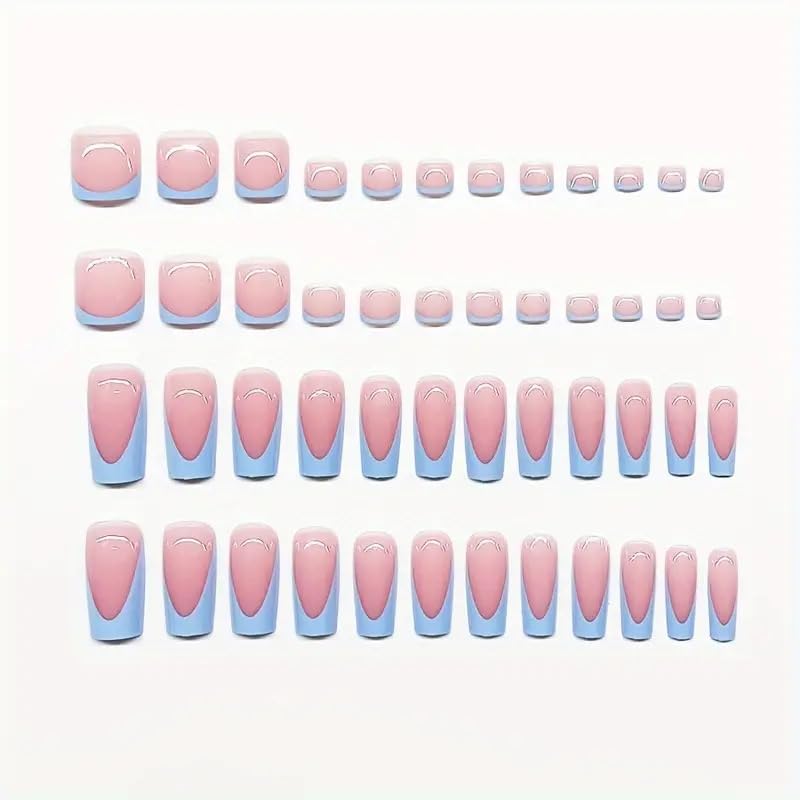 NHIXK 60Pcs Medium Press on Nails Square & Press on Toenails Set, Blue French Tip Press on Nails Short Square Press on Toe Nails Summer False Toenails Full Cover Stick on Nails for Women