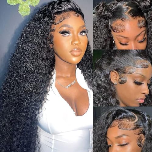 Rozilo Aomllute 28 Inch Deep Wave Lace Front Wigs Human Hair 200 Density 13x4 HD Lace Frontal Wigs Human Hair Pre Plucked Deep Curly Glueless Wigs for Women Natural Black