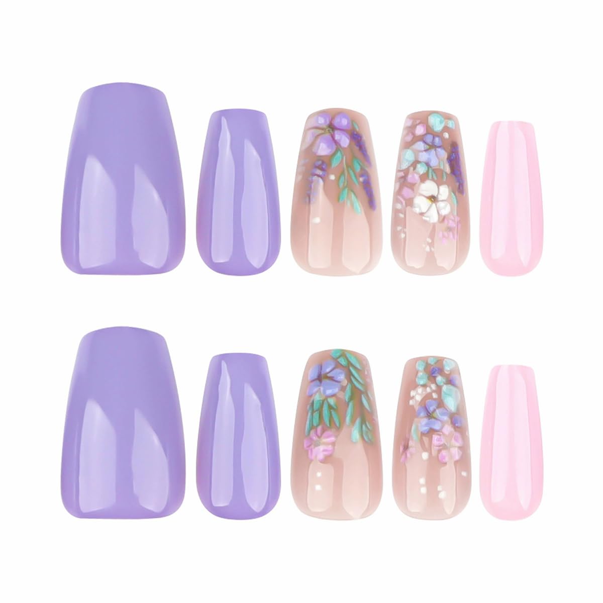 3D Flower Press on Nails Medium Coffin Fake Nails with Spring Fresh Flower Designs Glue on Nails Purple Pink Acrylic Press on Nails Kits Full Cover False Nails with Glue Stick on Nails for Women 24PCS