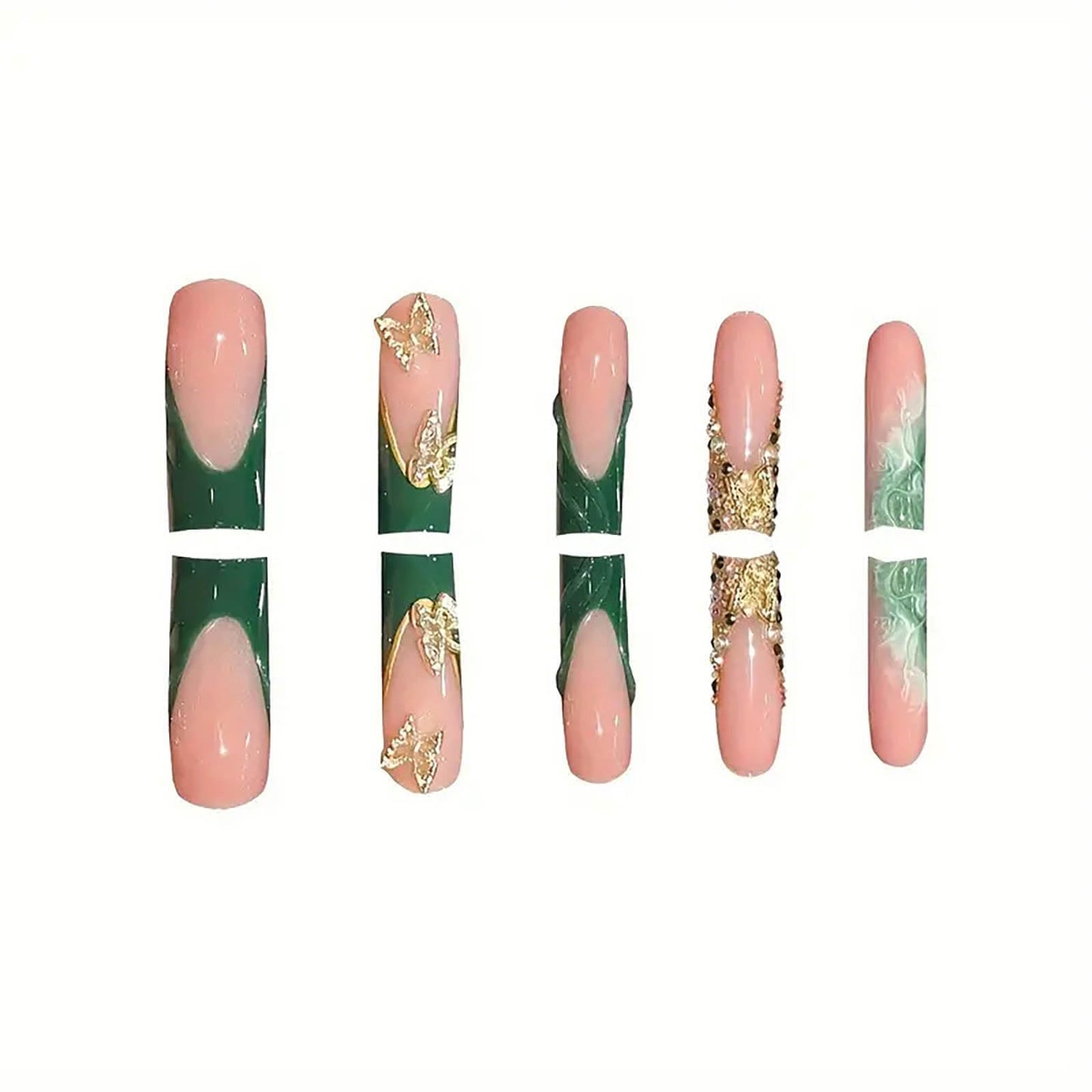 24Pcs Press on Nails Long Green French Tip Fake Nails Square Nails Press Ons Gold Glitter False Nails with 3D Butterfly Designs Artificial Long Square Glue on Nail Stick on Nail for Women