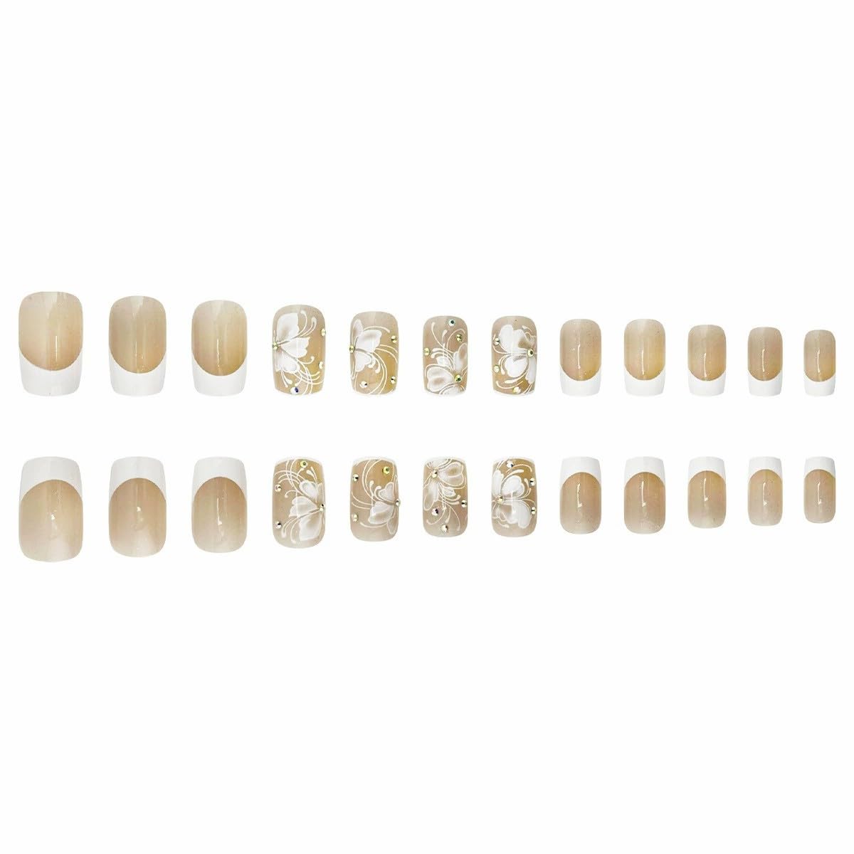 French Press on Nails Medium Square Shape Fake Nails with Butterfly Designs White French Tip Nails Glossy Rhinestone Acrylic Full Cover Stick on Nails for Women Elegant Glue on Nails False Nails 24PCS