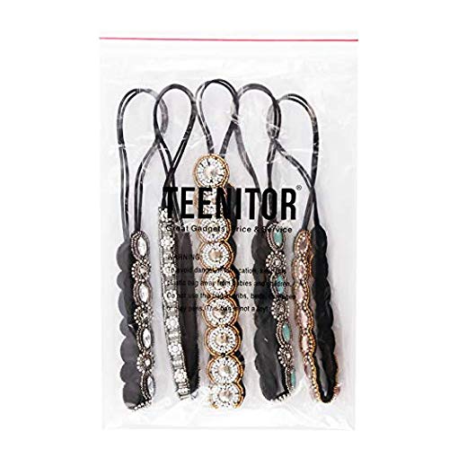 Teenitor 5pcs Hairbands for Women, 5 Rhinestone Beaded Headbands, Head Bands for Women's Hair Fashionable Handmade Crystal Beaded Elastic hairbands, 20-26.8"(51-68cm), 1 Count (Pack of 5), HAIRBAND
