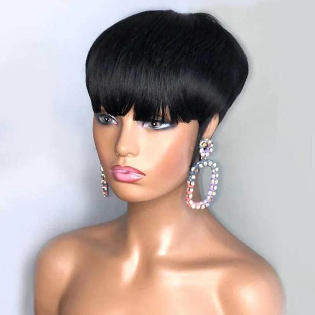 PurpleSexy Pixie Cut Wigs for Black Women Natural 1B Color Daily Use Short Layered Pixie Cut Human Hair Wigs With Bangs for Women Glueless Brazilian Virgin Human Hair Cool Wig